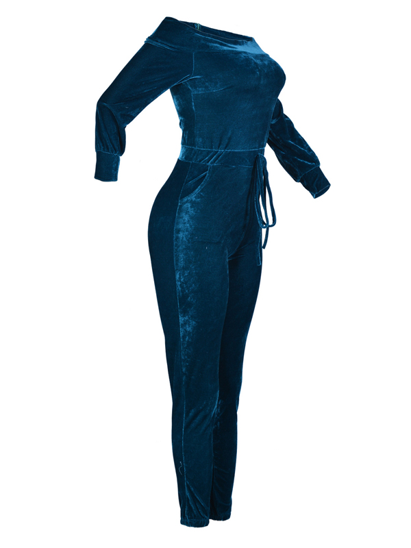 Euramerican Dew Shoulder Blue Velvet One-piece Jumpsuits