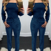 Euramerican Dew Shoulder Blue Velvet One-piece Jumpsuits