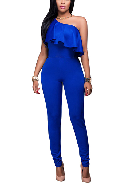 Euramerican One-shoulder Falbala Design Blue Qmilch One-piece Jumpsuits