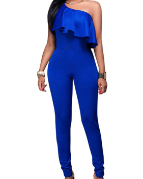 Euramerican One-shoulder Falbala Design Blue Qmilch One-piece Jumpsuits