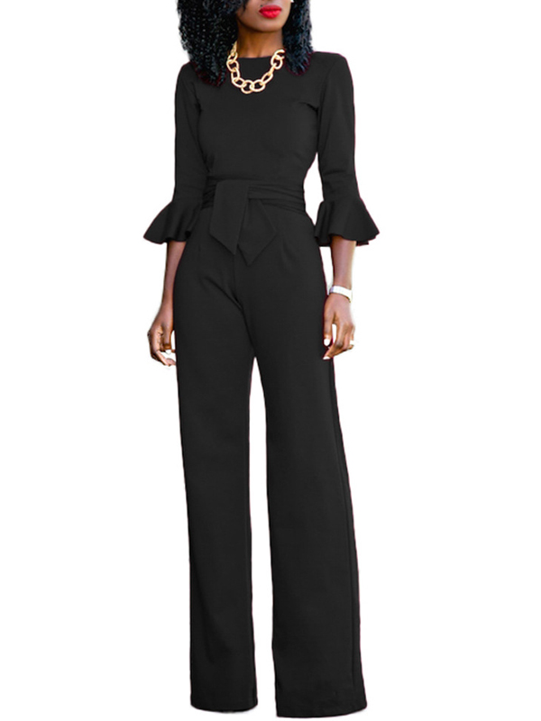 Euramerican Round Neck Half Sleeves Black Knitting One-piece Jumpsuits (Without Necklace)