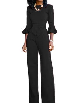 Euramerican Round Neck Half Sleeves Black Knitting One-piece Jumpsuits (Without Necklace)