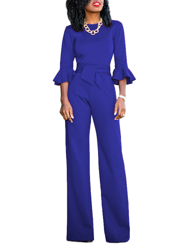 Euramerican Round Neck Half Sleeves Blue Knitting One-piece Jumpsuits (Without Necklace)