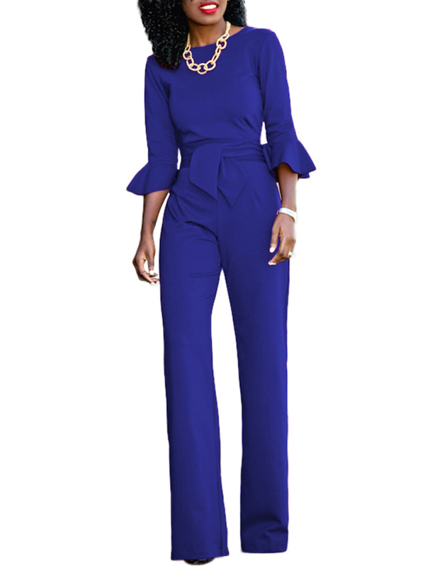 Euramerican Round Neck Half Sleeves Blue Knitting One-piece Jumpsuits (Without Necklace)