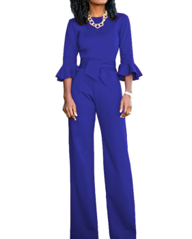 Euramerican Round Neck Half Sleeves Blue Knitting One-piece Jumpsuits (Without Necklace)