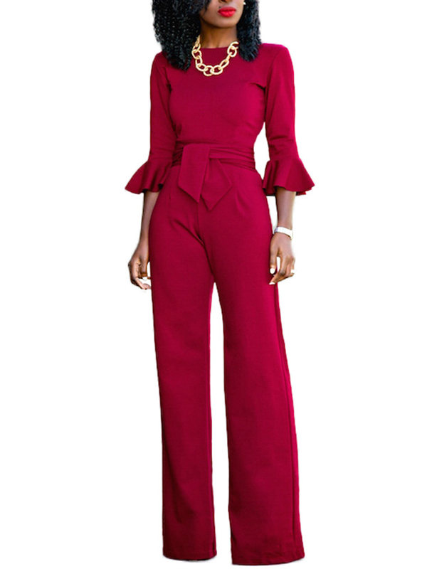 Euramerican Round Neck Half Sleeves Red Knitting One-piece Jumpsuits (Without Necklace)