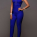 Euramerican Round Neck Sleeveless Zipper Design Blue Cotton One-piece Skinny Jumpsuits