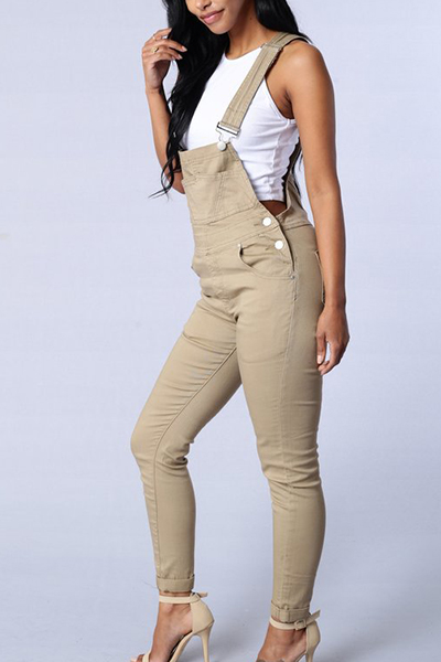 Euramerican Sleeveless Hollow-out Beige Denim One-piece Jumpsuits