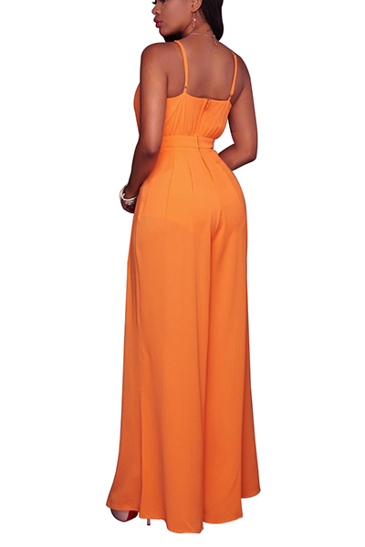 Euramerican V Neck Backless Orange Cotton Blends One-piece Jumpsuits(Without Belt)