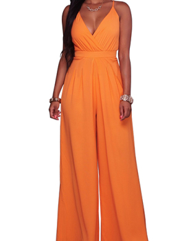 Euramerican V Neck Backless Orange Cotton Blends One-piece Jumpsuits(Without Belt)