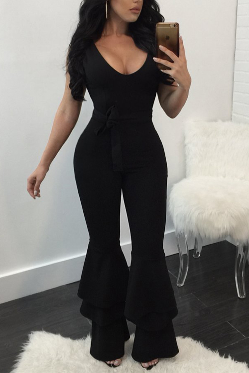 Euramerican V Neck Falbala Design Black Polyester One-piece Jumpsuits