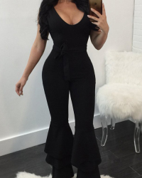 Euramerican V Neck Falbala Design Black Polyester One-piece Jumpsuits