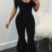 Euramerican V Neck Falbala Design Black Polyester One-piece Jumpsuits