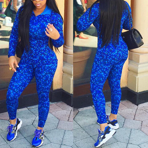 Fashion Casual Print Blue Polyester Skinny Jumpsuits Two-pieces Set