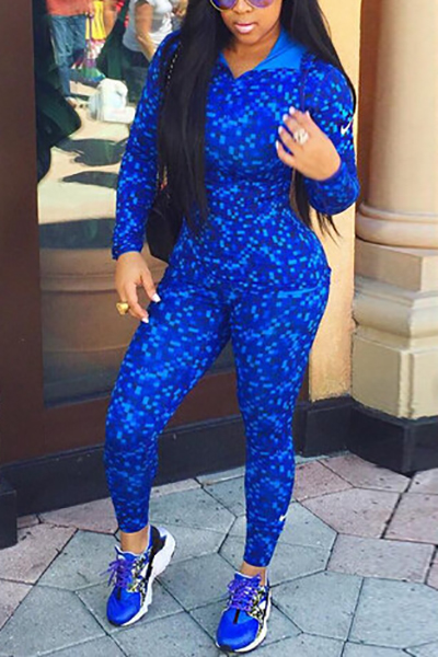 Fashion Casual Print Blue Polyester Skinny Jumpsuits Two-pieces Set