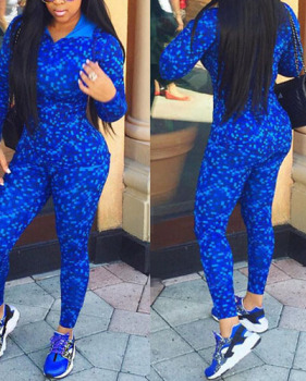 Fashion Casual Print Blue Polyester Skinny Jumpsuits Two-pieces Set