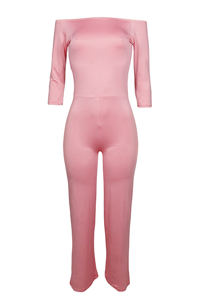 Fashion Dew Shoulder Pink Polyester One-piece Jumpsuits