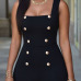 Fashion Square Neck Sleeveless Gold Buttons Decorated Solid Black Polyester One-piece Skinny Jumpsuit