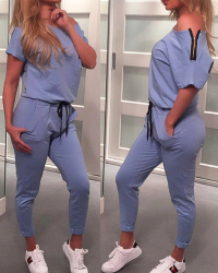 Leisure Dew Shoulder Blue Cotton Blends One-piece Jumpsuits