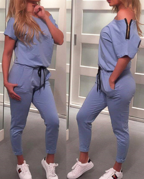 Leisure Dew Shoulder Blue Cotton Blends One-piece Jumpsuits