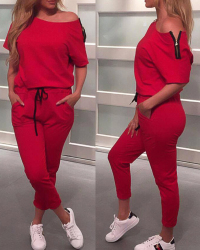 Leisure Dew Shoulder Red Cotton Blends One-piece Jumpsuits