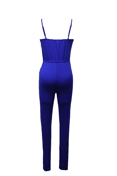 Leisure Lace-up Blue Blending One-piece Skinny Jumpsuits