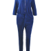 Leisure Round Neck Zipper Design Blue Cotton Blends One-piece Jumpsuits