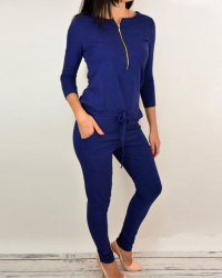 Leisure Round Neck Zipper Design Blue Cotton Blends One-piece Jumpsuits