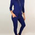 Leisure Round Neck Zipper Design Blue Cotton Blends One-piece Jumpsuits