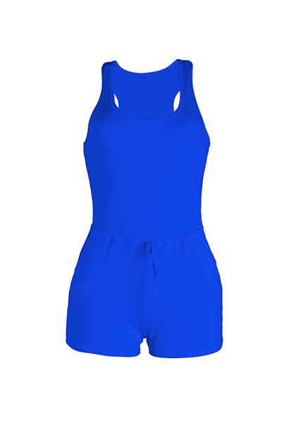 Leisure Sleeveless Drawstring Design Blue Polyester One-piece Skinny Jumpsuits