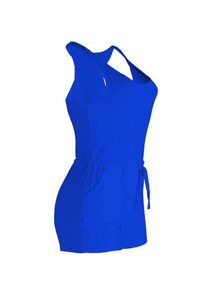 Leisure Sleeveless Drawstring Design Blue Polyester One-piece Skinny Jumpsuits