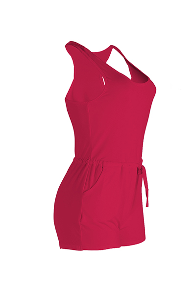 Leisure Sleeveless Drawstring Design Wine Red Polyester One-piece Skinny Jumpsuits