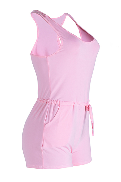 Leisure U-shaped Neck Drawstring Design Pink Qmilch One-piece Skinny Jumpsuits