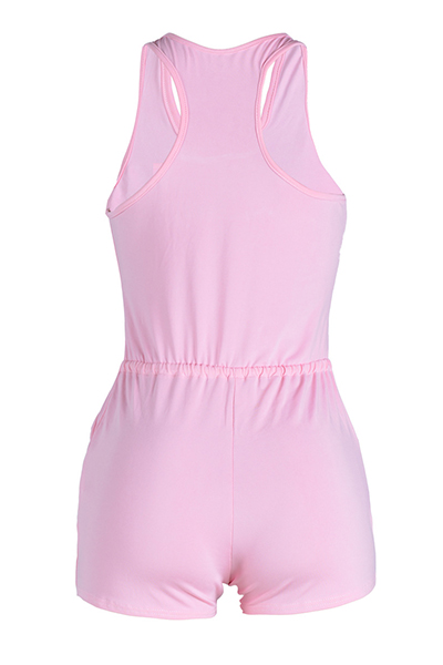 Leisure U-shaped Neck Drawstring Design Pink Qmilch One-piece Skinny Jumpsuits