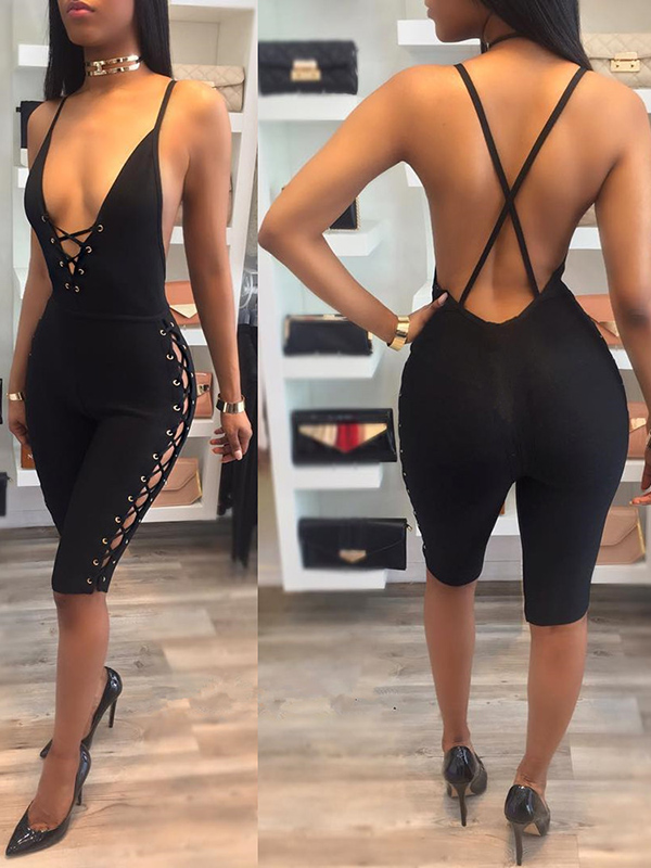 Sexy Backless Black Polyester One-piece Skinny Jumpsuits