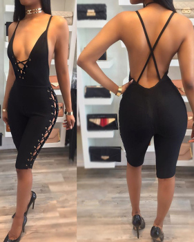 Sexy Backless Black Polyester One-piece Skinny Jumpsuits