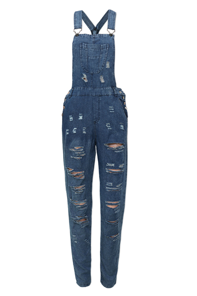 Sexy Broken Holes Design Blue Denim Regular Jumpsuit