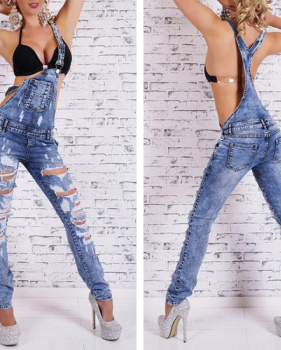 Sexy Broken Holes Design Blue Denim Regular Jumpsuit