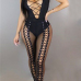 Sexy Deep V Neck Hollow-out Black Twilled One-piece Skinny Jumpsuits (Without Choker)