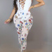 Sexy Deep V Neck Printed Hollow-out White Milk Fiber One-piece Skinny Jumpsuits