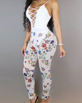 Sexy Deep V Neck Printed Hollow-out White Milk Fiber One-piece Skinny Jumpsuits