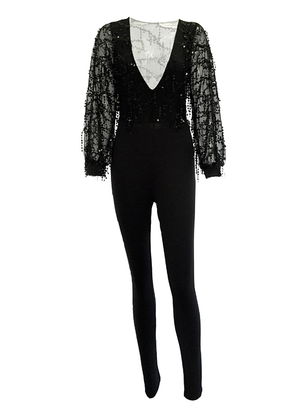 Sexy Deep V Neck Sequined Decorative Black Polyester One-piece Jumpsuits