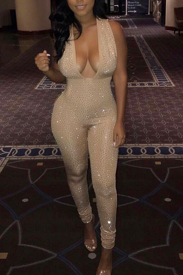 Sexy Deep V Neck Sequined Decorative Khaki Polyester One-piece Jumpsuits