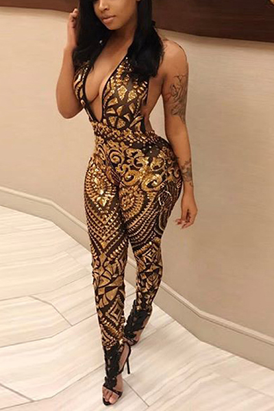 Sexy Deep V Neck Sleeveless Backless Gold  Sequined One-piece Skinny Jumpsuits