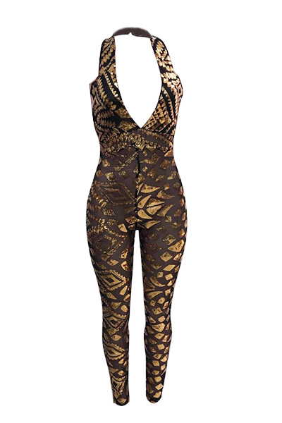 Sexy Deep V Neck Sleeveless Backless Gold  Sequined One-piece Skinny Jumpsuits