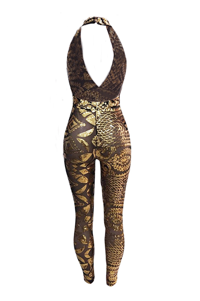 Sexy Deep V Neck Sleeveless Backless Gold  Sequined One-piece Skinny Jumpsuits