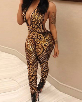 Sexy Deep V Neck Sleeveless Backless Gold  Sequined One-piece Skinny Jumpsuits