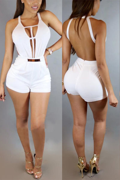 Sexy Deep V Neck Sleeveless Backless  White Healthy Fabric One-piece Jumpsuits