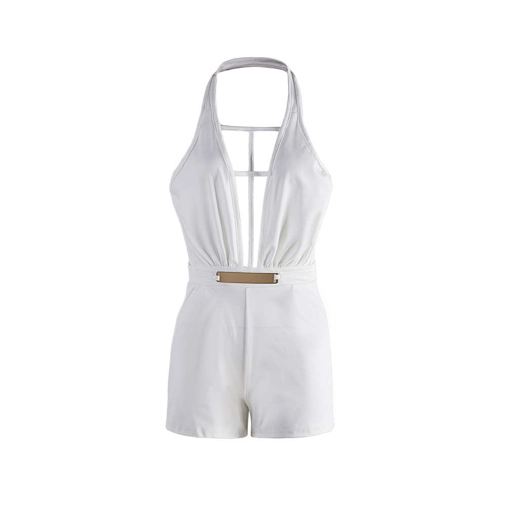 Sexy Deep V Neck Sleeveless Backless  White Healthy Fabric One-piece Jumpsuits