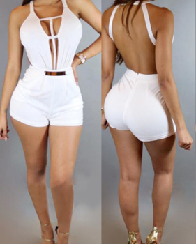 Sexy Deep V Neck Sleeveless Backless  White Healthy Fabric One-piece Jumpsuits